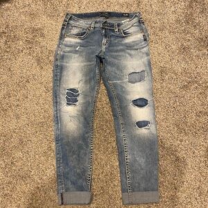 Silver Jeans Women's Distressed Blue Cropped Jeans